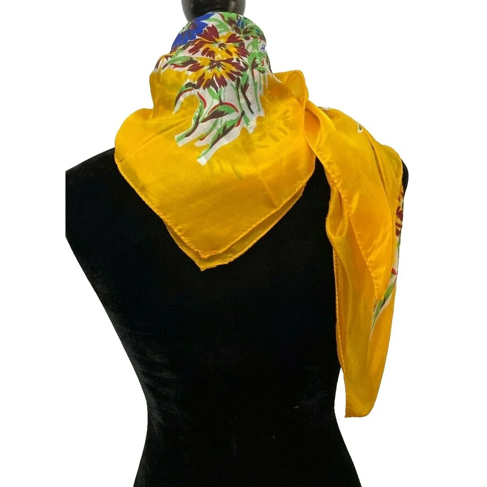 Pure‎ Silk Womens Square Scarf Hand Rolled Gold Hand Screen Printed Floral Silk